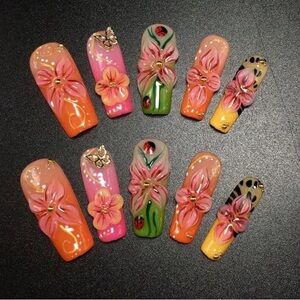 Hand Made High Quality nails Floral Nail Art Set - Pink, Orange, Green
